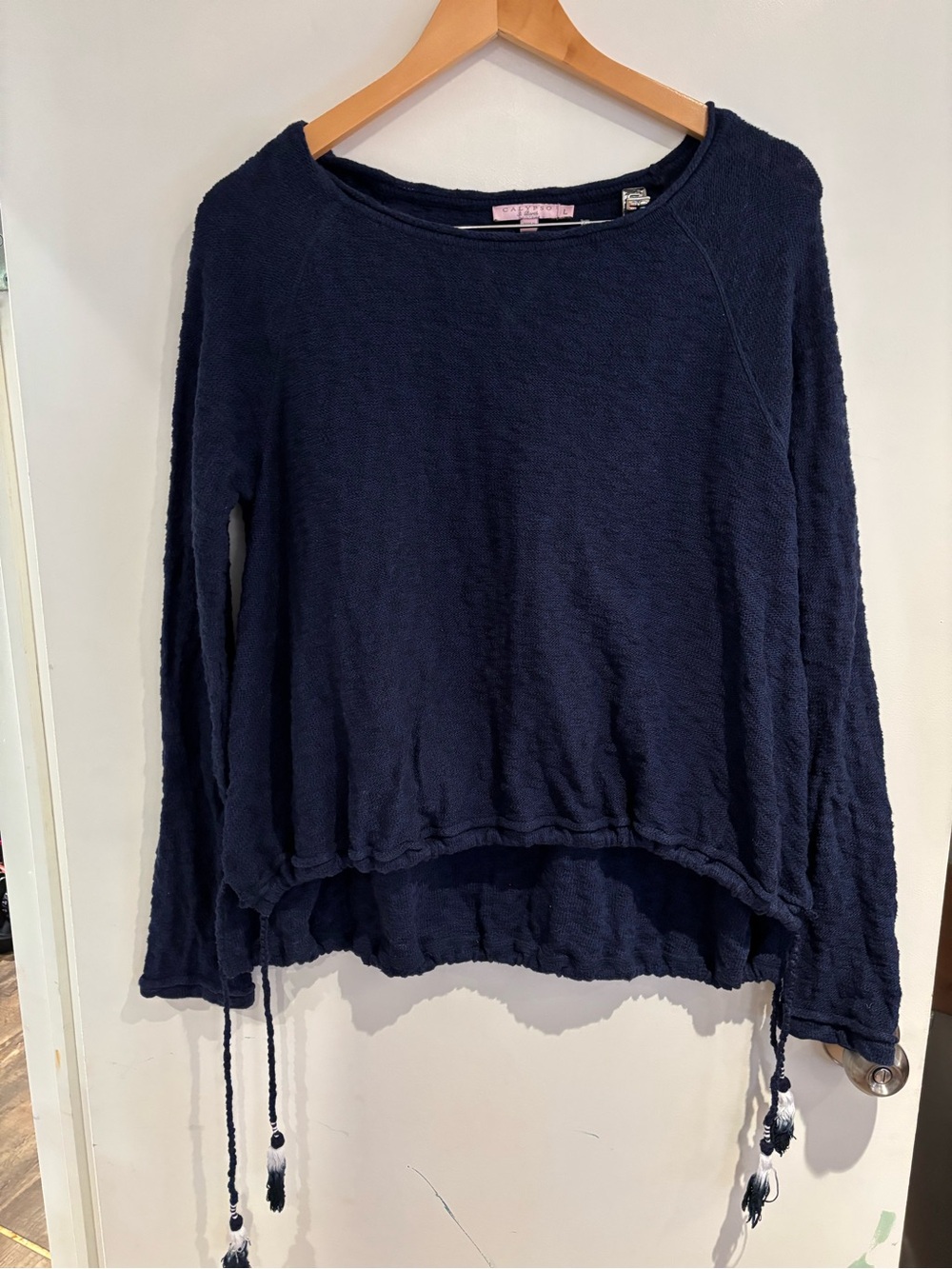Calypso St. Barth Navy Textured Cotton Pullover Sweater with tassels